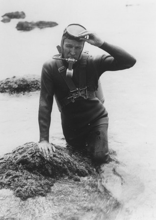 Hugh Bradner in scuba gear (dry suit)