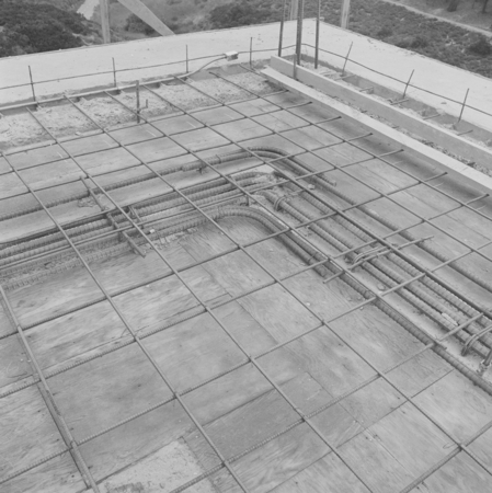 Rebar and concrete detail, construction of Geisel Library, UC San Diego