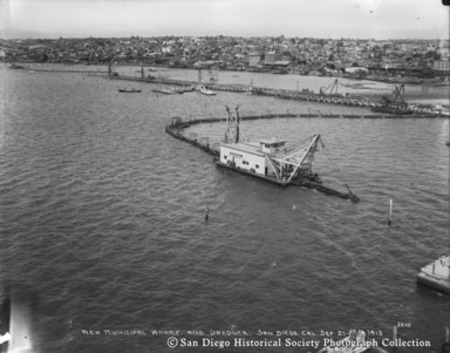New municipal wharf and dredger, San Diego, Calif., Sept. 21-[?], 1913