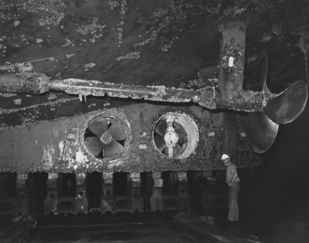 Port side of the D/V Glomar Challenger (ship) as seen in drydock for much needed cleaning after several legs of the Deep S...