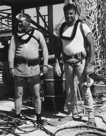 [Unidentified man and Robert S. Dietz in scuba diving gear]