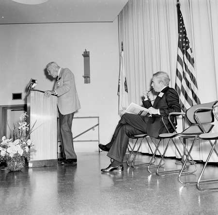 Roger Revelle (at podium) and Edward A. Frieman (seated), Ellen Browning Scripps Memorial Pier rededication ceremony, Scri...