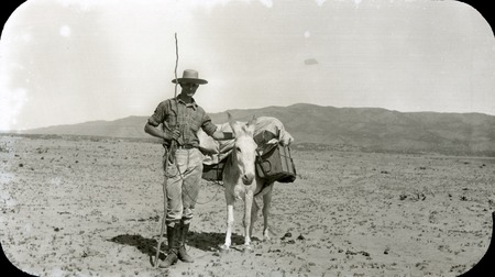 Stewart Meigs and burro on way to Arroyo León in Valle Trinidad