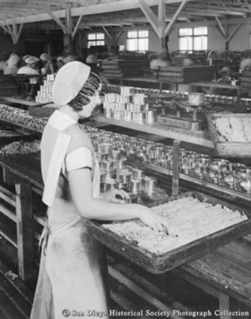 Woman packing tuna at Westgate Sea Products Company cannery