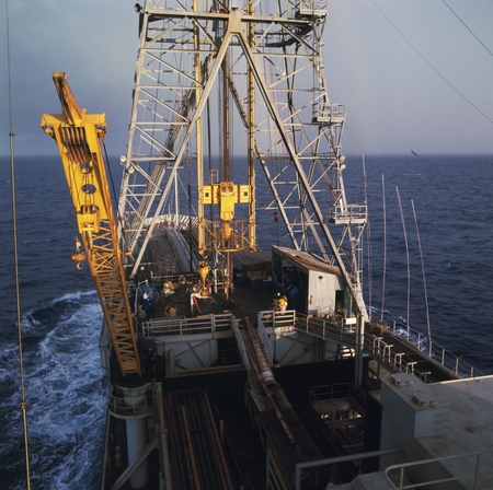 A view of the forward deck of the D/V Glomar Challenger was a deep sea research and scientific drilling vessel for oceanog...
