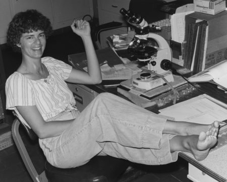 Jean Westberg from Scripps Institution of Oceanography takes a break from her work in the paleo laboratory during the D/V ...