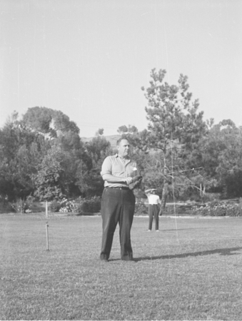 Denis Llewellyn Fox playing baseball Scripps Institution of Oceanograph picnic, August 1945