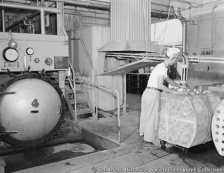Final cooking of tuna at Sun Harbor Packing Corporation cannery