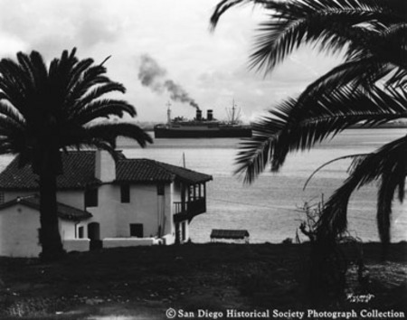 Passenger ship SS California on San Diego Bay, passing Angier family residence, La Playa area of Point Loma