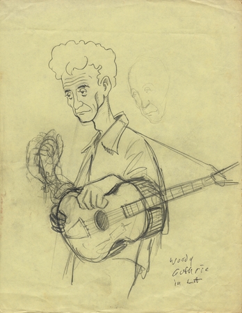 Caricature of folk singer Woody Guthrie in Los Angeles