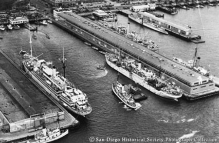 Aerial view of ships dock at Broadway and B Street piers, San Diego harbor