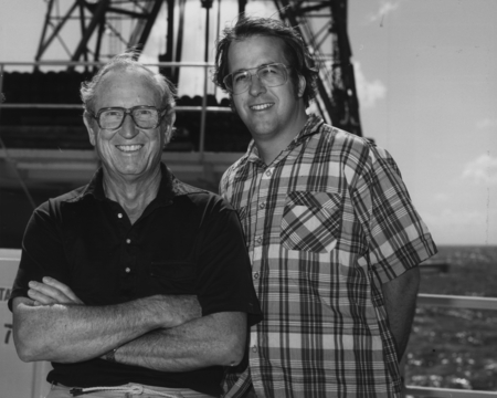 Co-Chief Scientists (left to right) Henry William Menard and James Howard Natland on board the D/V Glomar Challenger (ship...