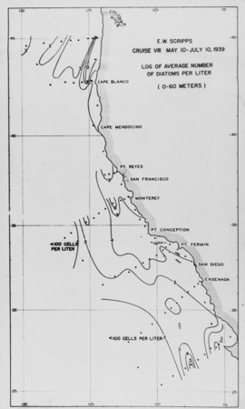 Physical Oceanography of the West Coast, R/V E.W. Scripps Cruise VIII, May 10-July 10,1939, Log of Average Number of Diato...