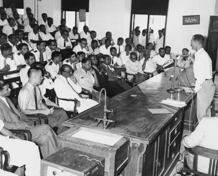 George Shor addressing press conference in India. Lusiad Expedition, September 28, 1962
