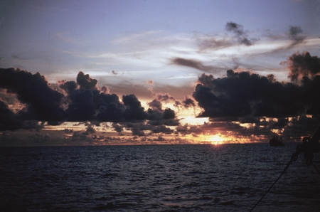 R/V Horizon (ship) shown here in the sunset during the Capricorn Expedition (1952-1953) near the exploration in the submer...