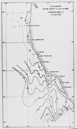 Physical Oceanography of the West Coast, R/V E.W. Scripps Cruise VIII, May 10-July 10,1939, Temperature, 100 Meters