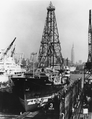 Drydock in Hoboken - The Deep Sea Drilling Project drilling ship, Glomar Challenger, is shown in drydock at the Bethlehem ...