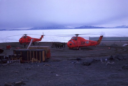 Navy helicopters at McMurdo Station, Ross Island, Antarctica. 1964