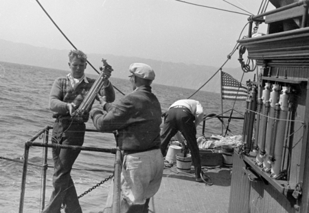 Richard Howell Fleming, Martin Wiggo Johnson and Earl Myers with Nansen bottle aboard R/V Scripps