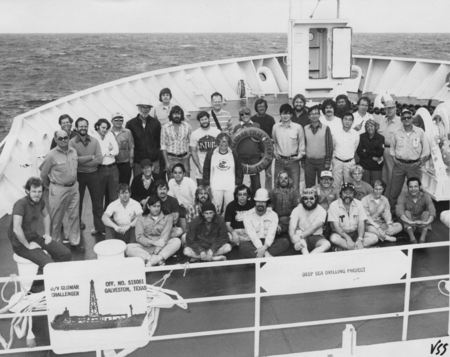 Scientific staff, technicians and key members of the D/V Glomar Challenger (ship) crew of Leg 58 of the Deep Sea Drilling ...