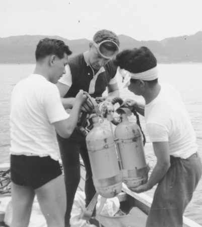 Robert S. Dietz with Japanese scientists and diving gear