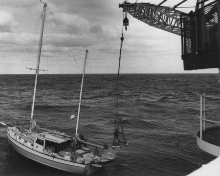 A Bill Pugh basket and the Challenger&#39;s big crane were used to get personnel off a sailboat and onto the D/V Glomar Challe...