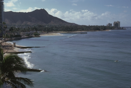 During a break from the Swan Song Expedition (1961) a member of the crew took this photo of Waikiki beach from their hotel...