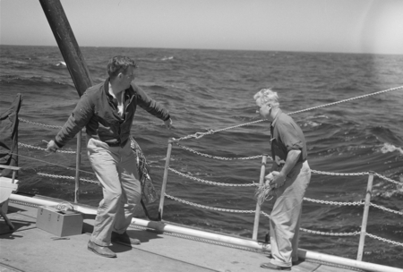 [Men on deck of R/V Spencer F. Baird preparing TNT charges for seismic profiling]