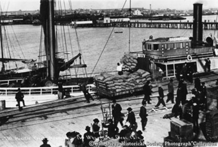 [Waterfront activity at Pacific Coast Steamship Company wharf