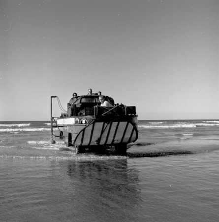 Converted DUKW used for aqualung dives for an offshore sand ripple study. ---just outside surf line at La Jolla Shores, he...