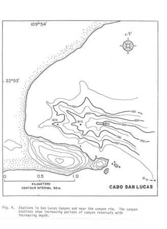 Fig. 4. Stations in San Lucas Canyon and near canyon rim. The canyon stations show increasiong periods of canyon reversals...