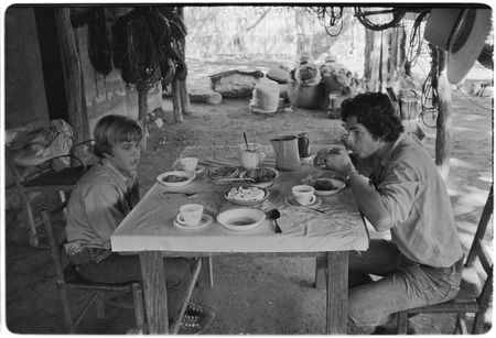 Robbin Crosby and Enrique Hambleton eating at Ranch San Dionisio in the Cape Sierra