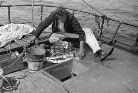 Roger Revelle with specimens on the deck of R/V E.W. Scripps