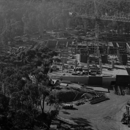 Aerial view of construction of Geisel Library, UC San Diego