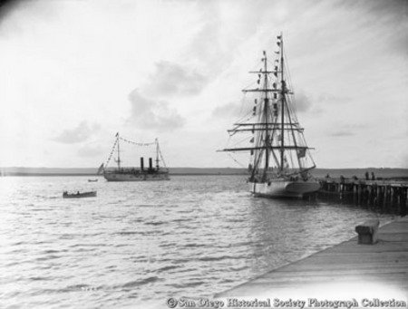 Sailing ship Galilee and USS Chicago, San Diego harbor