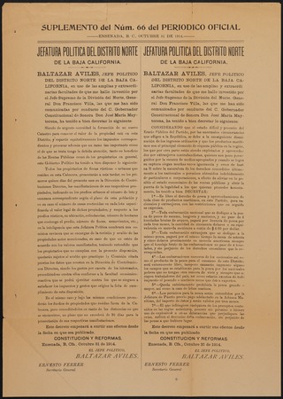 Suplemento del núm. 66 del Periodico Oficial ... Jefatura Política del Distrito Norte de la Baja California