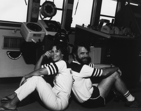 Co-Chief Scientists (left to right) Dave K. Rea and Margaret Leinen on the bridge of the D/V Glomar Challenger (ship), dur...