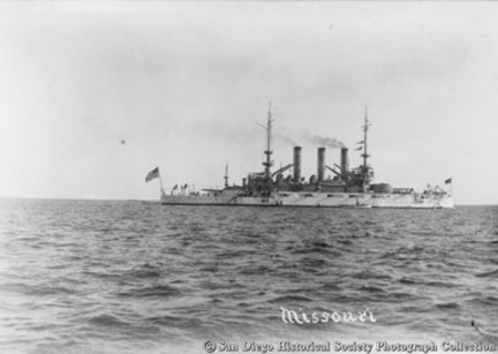 Great White Fleet battleship USS Missouri on San Diego bay