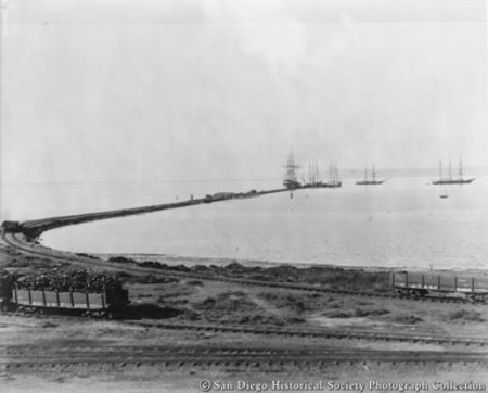 National City Wharf and sailing ships on San Diego Bay