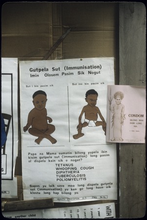 Health posters in Tok Pisin, promoting infant immunizations and condom sales