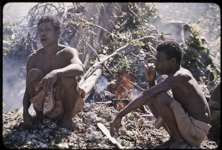 Land clearing: men smoke next to fire burning away cut trees and bushes