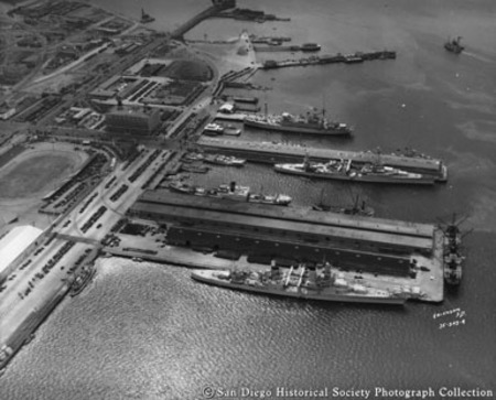 Aerial view of ships docked at B Street and Broadway piers, San Diego harbor