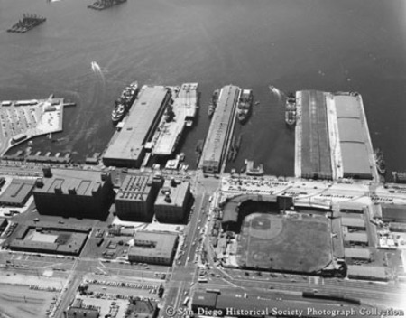 Aerial view of Navy, Broadway, and B Street piers, San Diego harbor
