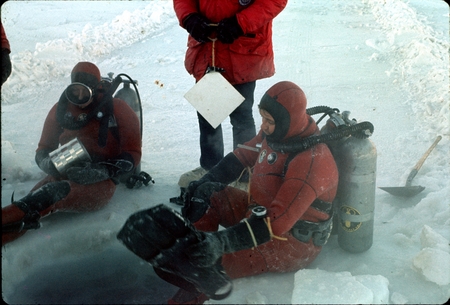 Divers preparing for a chilly dive near McMurdo Station in Winter Quarters Bay near Ross Sea, Antarctica