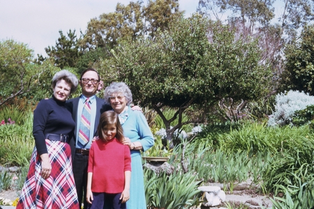 Laura C. Hubbs with son Earl Hubbs and family, garden patio of Hubbs home, La Jolla, California