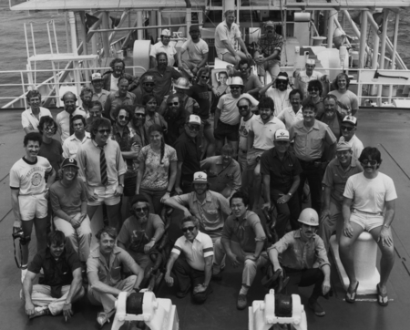 Scientific staff, technicians, and assorted crew members on board the D/V Glomar Challenger (ship) during Leg 93 of the De...