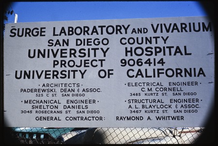 UCSD Medical Center, Hillcrest, Surge Laboratory and Vivarium, sign