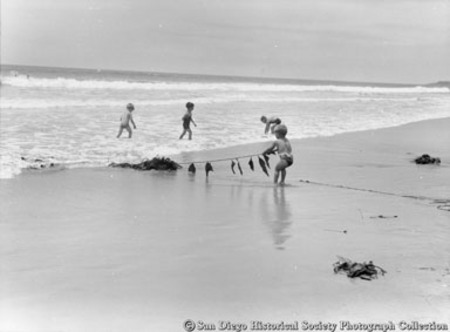 Children playing in ocean and pulling kelp on to beach