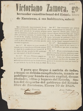 Victoriano Zamora, gobernador constitucional del Estado libre de Zacatecas ... Que reclamando imperiosamente las actuales ...