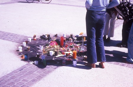 Close-up of burned spot on Revelle Plaza where George Winne, Jr. took his life in protest on May 10, 1970